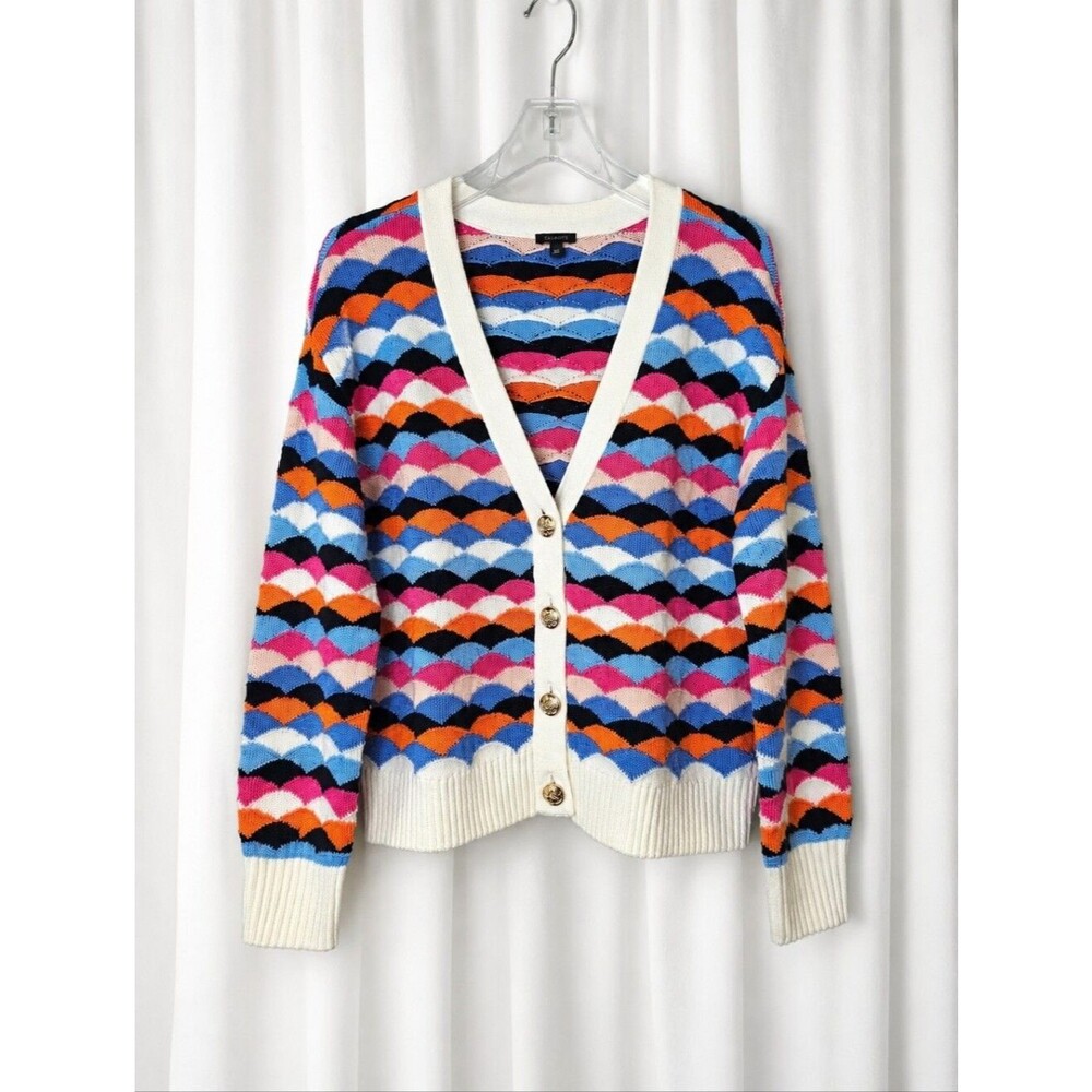 Talbots Bright Multicolor Scallop Stripe Crest Button Coastal Cardigan Sweater